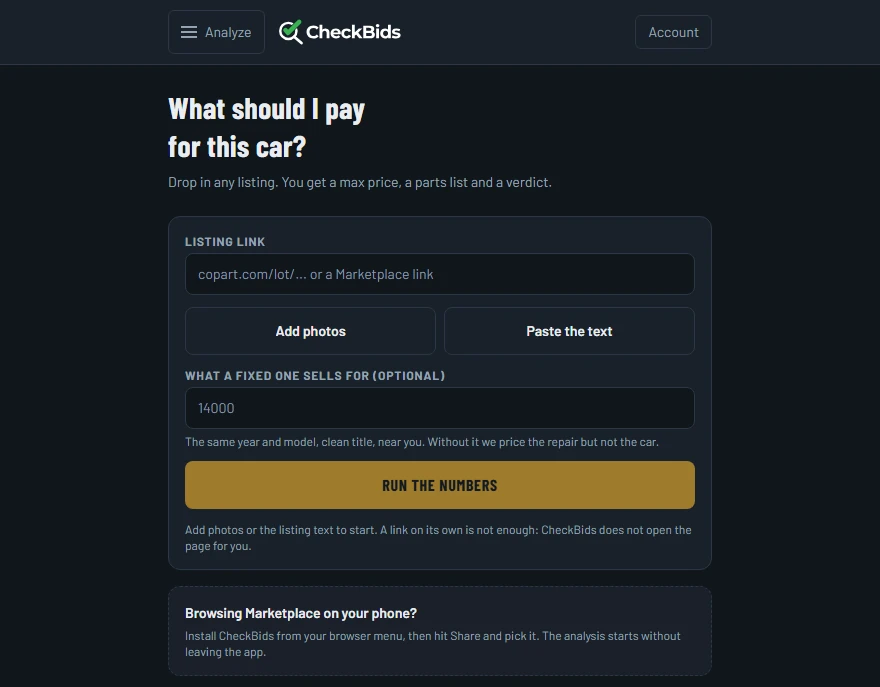 The analyze screen: a listing link, buttons to add photos or paste the text, and a field for what a fixed one sells for.